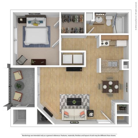 Modern floor plan showcasing one-bedroom apartment with open-concept living and dining area, elegant kitchen, and stylish balcony.