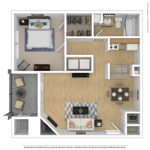 Modern floor plan showcasing a spacious 1-bedroom apartment, featuring an open-concept living area, stylish kitchen, and private balcony.