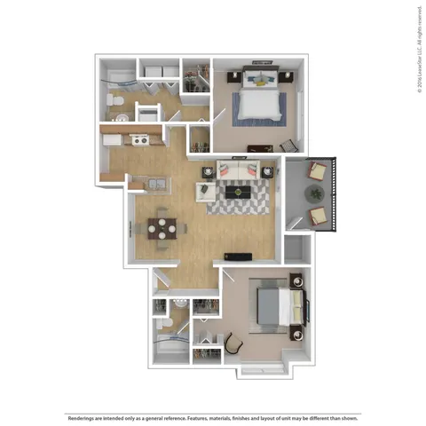 Charming 3D floor plan showcasing 2 bedrooms, 2 bathrooms, open-concept living and dining area, and private balcony.