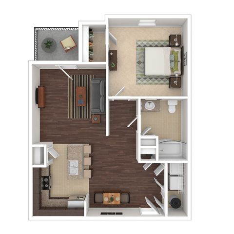 Cozy floor plan featuring 1 bedroom, a spacious living area, modern kitchen, and private balcony, perfect for urban living.