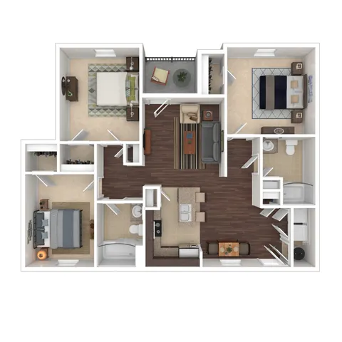 Modern 3-bedroom apartment floor plan featuring a spacious open-concept living area, elegant kitchen with island, and two well-appointed bathrooms.