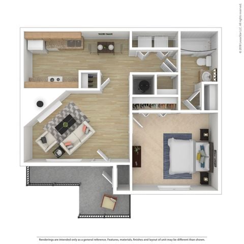 Modern 3D floor plan showcasing a spacious one-bedroom apartment with an open living-dining area, sleek kitchen, and a private balcony.