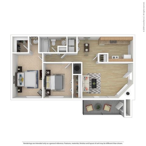 Modern 3D floor plan showcasing two spacious bedrooms, a stylish open-concept living room, and a sleek kitchen with premium finishes.