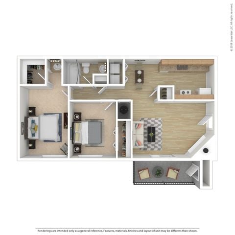 Modern 3D floor plan showcasing 2 bedrooms, stylish open-plan kitchen, cozy living room, and inviting balcony.