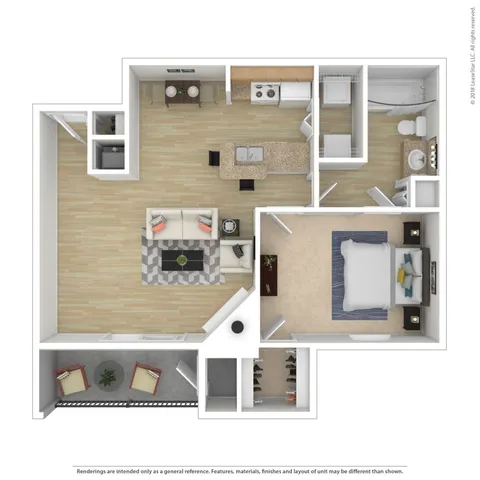 Charming 3D floor plan showcasing a cozy one-bedroom apartment with an open living area, modern kitchen, and private balcony.