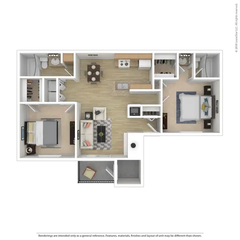 Modern 2D floor plan featuring 2 spacious bedrooms, a sleek open-concept kitchen, and a cozy living area with elegant design.