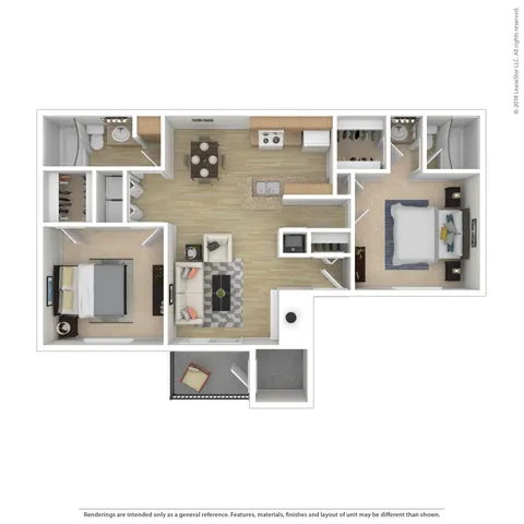 Contemporary 2D floor plan showcasing 2 bedrooms, open living and dining area, modern kitchen, and 2 bathrooms.