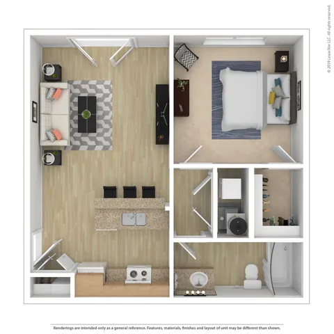 Modern floor plan showcasing a sleek open-concept living area with kitchen, elegant bedroom, and stylish bathroom layout.