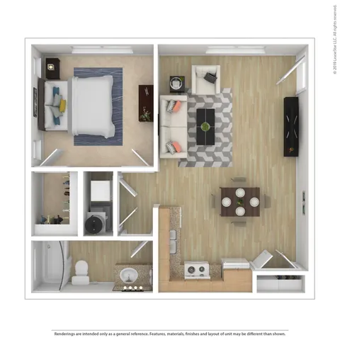 Modern 1-bedroom floor plan showcasing an open-concept living and dining area, sleek kitchen, and contemporary bathroom.