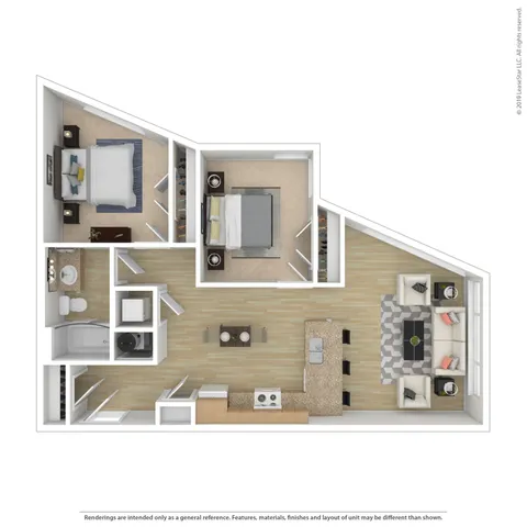 Contemporary floor plan with 2 bedrooms, an open-concept kitchen, cozy living room, and modern bathroom.