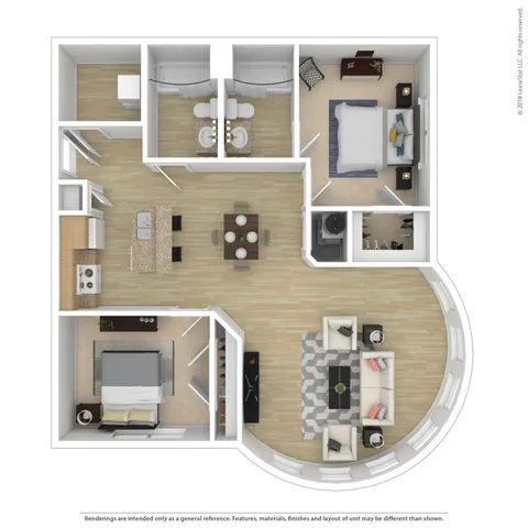 Contemporary floor plan showcasing 2 bedrooms, open kitchen with island, stylish dining area, and spacious living room with curved window design.