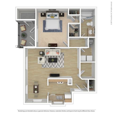 Modern 2D floor plan showcasing 1 bedroom, sleek open-concept living and dining areas, and a stylish kitchen, complete with a cozy balcony.