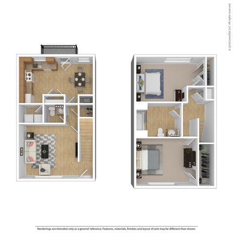 Charming 2D floor plan displaying two levels with 2 bedrooms, cozy living area, modern kitchen, and dining space, ideal for elegant living.