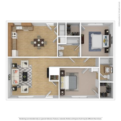 Contemporary 2-bedroom apartment floor plan featuring a spacious open kitchen, inviting living room, and two modern bathrooms with closet space.
