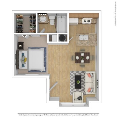 Modern one-bedroom apartment floor plan featuring an open-concept living area, stylish kitchen with an island, cozy dining space, and a chic en-suite bathroom with ample closet storage.