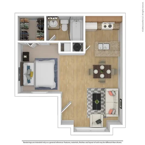Modern 2D floor plan featuring a cozy bedroom, stylish open kitchen, chic living area, and elegant bathroom with walk-in closet.