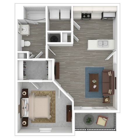 Modern 1-bedroom apartment floor plan with open-concept living area and cozy balcony.