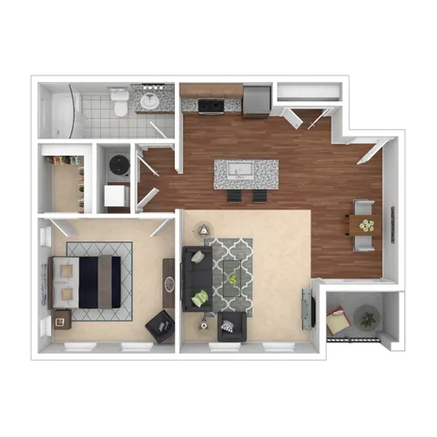 Chic 1-bedroom floor plan with open-concept kitchen and living area, featuring cozy balcony and stylish bathroom.