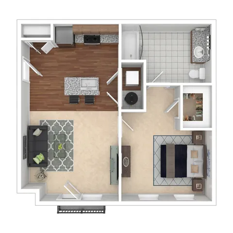 Modern 2D floor plan featuring a spacious layout with one bedroom, open-concept living and dining area, sleek kitchen, and contemporary bathroom design.