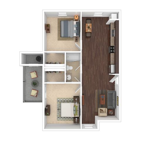 Modern 2D floor plan featuring 2 bedrooms, a sleek kitchen, and a cozy living area adjacent to a private balcony.