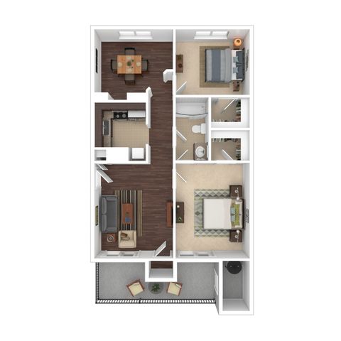 Contemporary apartment floor plan showcasing 2 bedrooms, a cozy living room, modern kitchen, and a charming dining area, complete with a private balcony for relaxation.