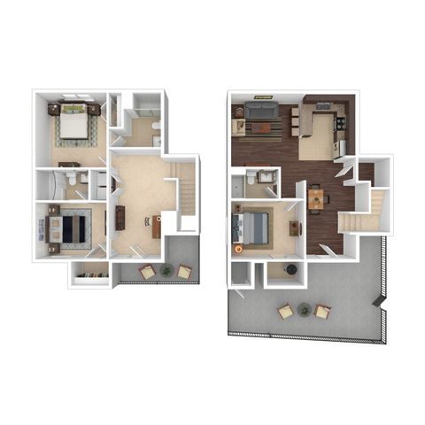 Modern floor plan showcasing a two-story layout with three bedrooms, an open living area, a stylish kitchen, and spacious outdoor balconies.