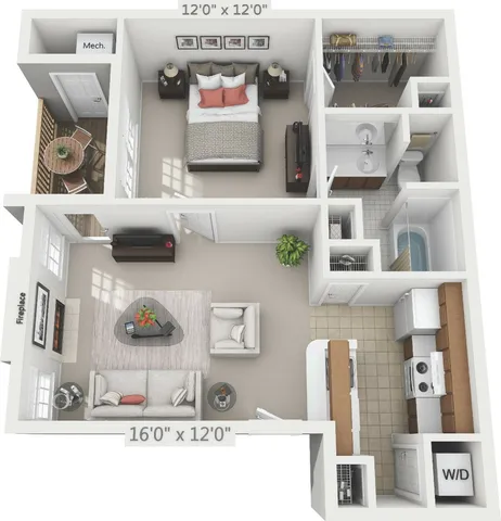 Charming 3D floor plan featuring a cozy bedroom, inviting living area with fireplace, efficient kitchen, and private balcony.