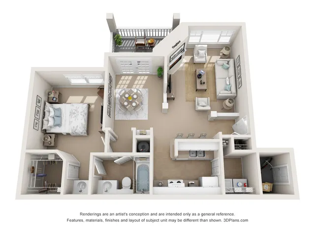 Charming 3D floor plan showcasing 1 bedroom, spacious living room with fireplace, open dining area, modern kitchen, and balcony.
