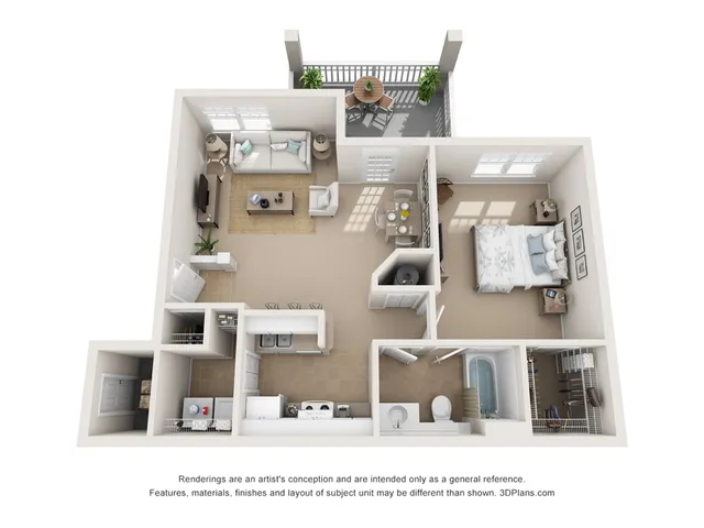 Inviting 2D apartment floor plan featuring a cozy bedroom, spacious open-plan living room, modern kitchen, stylish bathroom, and balcony with outdoor seating.