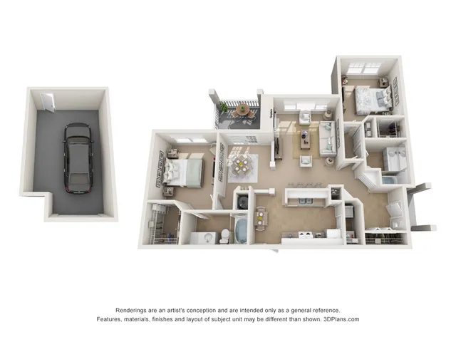Modern 3D floor plan showcasing 2 bedrooms, 2 bathrooms, a spacious open-concept living area, and a single-car garage.