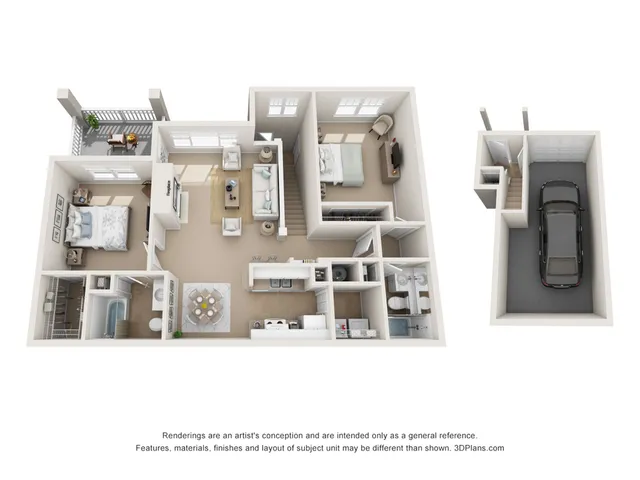 Modern 3D floor plan featuring two elegant bedrooms, a cozy living room, stylish kitchen, and a convenient garage. Enjoy a spacious balcony, ideal for relaxation.
