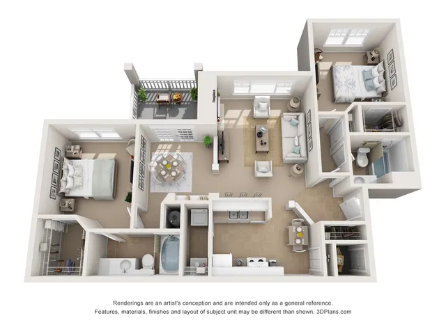 Inviting 3D apartment floor plan showcasing 2 bedrooms, a cozy living area, modern kitchen with a breakfast bar, and a private balcony.