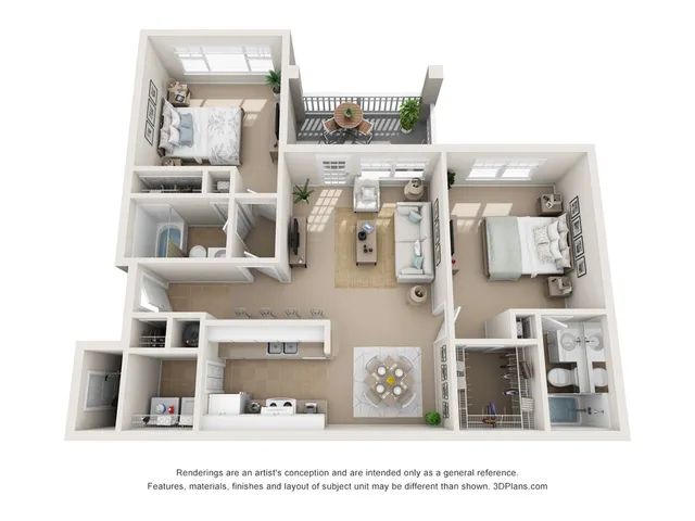 Elegant 3D floor plan showcasing 2 spacious bedrooms, modern kitchen with island seating, cozy living area, and private balcony.