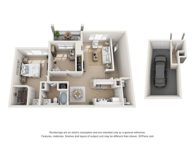 Chic 3D floor plan highlighting 1 bedroom, cozy living area, outdoor balcony, and attached garage.