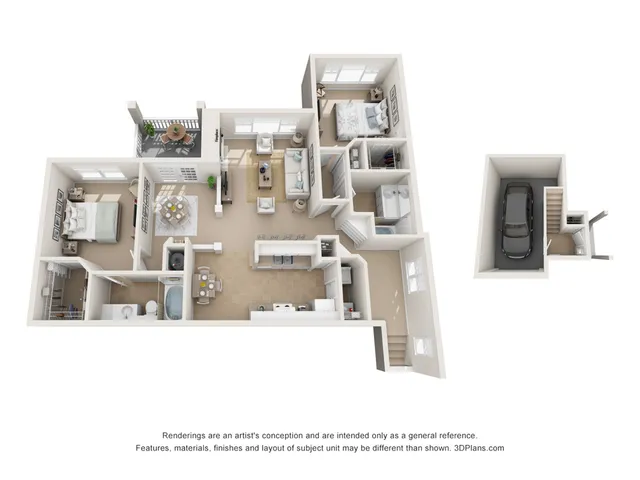 Chic 3D floor plan showcasing a modern 2-bedroom apartment with open living area, stylish kitchen, balcony, and garage.