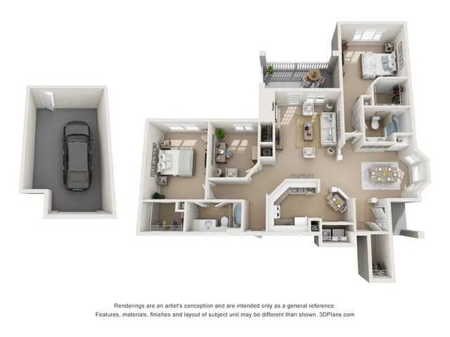 Elegant 3D floor plan showcasing 2 bedrooms, 2 bathrooms, modern kitchen, cozy living area, and attached garage.