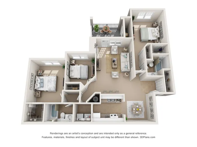 Modern apartment 3D floor plan featuring 2 spacious bedrooms, an open living room with a balcony, elegant kitchen with a breakfast bar, and 2 bathrooms for convenience.