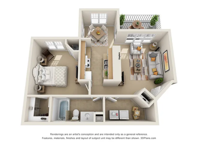 Elegant 3D apartment floor plan showcasing a cozy bedroom, modern kitchen, inviting living room with a fireplace, charming dining area, and a relaxing balcony.