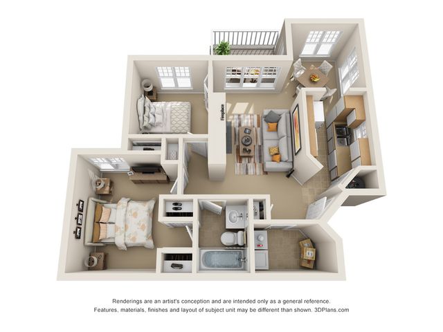 Modern 3D floor plan featuring 2 bedrooms, a cozy living area, and a stylish kitchen with dining space. Includes a convenient bathroom and laundry area.