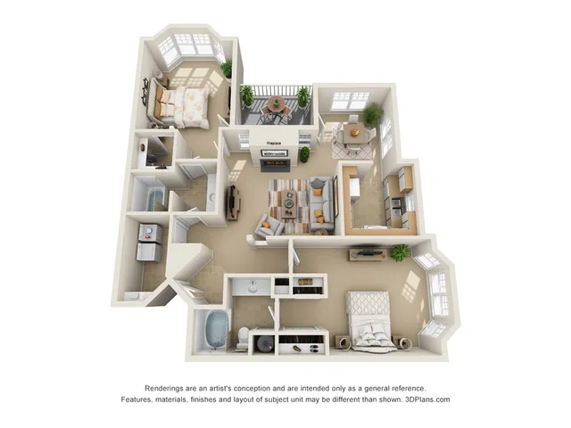 Inviting 3D floor plan showcasing 2 bedrooms, a cozy fireplace, open living and dining area with balcony access, and a well-equipped kitchen.