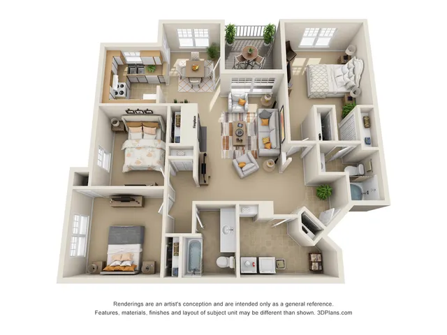 Inviting 3D floor plan featuring 2 spacious bedrooms, modern kitchen, and cozy living area with natural light and balcony.