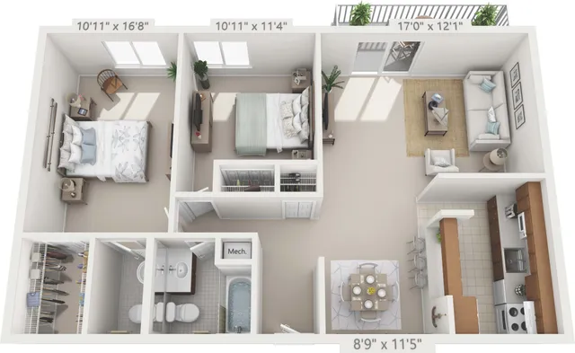 Contemporary 3D floor plan showcasing 2 spacious bedrooms with ample closet space, elegant living area opening to a balcony, modern kitchen with dining nook, and a well-designed bathroom.