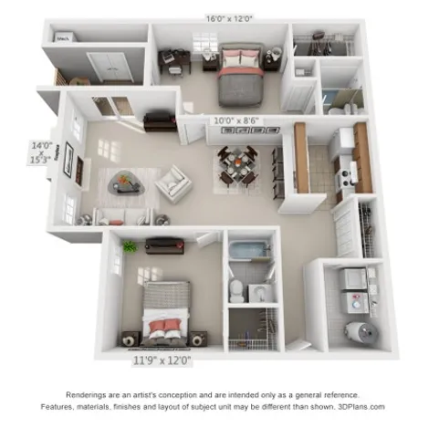 Chic 3D floor plan highlighting 2 spacious bedrooms, elegant living area, modern kitchen, and cozy dining space.