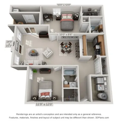 3D floor plan showcasing a stylish apartment with 3 bedrooms, cozy living room, modern kitchen with ample storage, and well-appointed bathroom.
