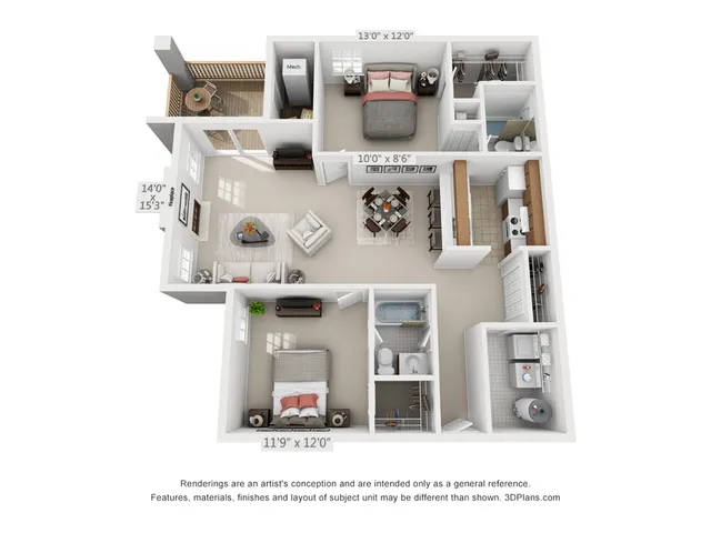 Elegant 3D floor plan showcasing 2 bedrooms, spacious living room, modern kitchen, and private balcony.