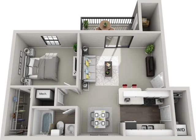 Modern 1-bedroom apartment floor plan with an open-concept living area, cozy kitchen, inviting balcony, and convenient laundry space.