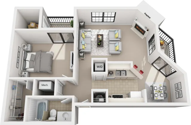 One bedroom floor plan featuring a spacious one-bedroom apartment with an open-concept living room, stylish kitchen, a cozy fireplace, and private balcony.