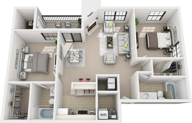 Two bedroom floor plan showcasing two spacious bedrooms, open living area with fireplace, stylish kitchen with breakfast bar, and private balcony.
