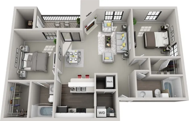 Modern two bedroom apartment floor plan with open-concept living room, dining area, and stylish kitchen. Features include a cozy fireplace, spacious balcony, and two elegant bathrooms.