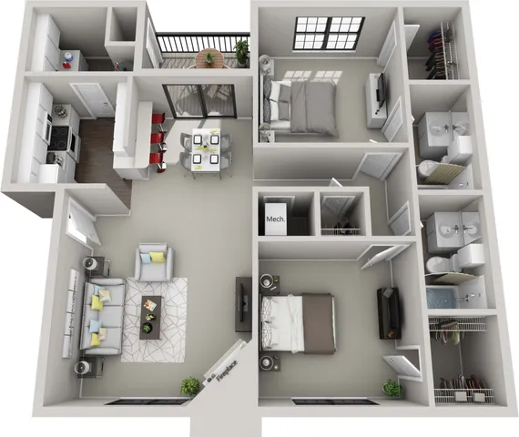 Modern two bedroom floor plan showcasing a stylish 2-bedroom apartment with a spacious open-concept living and dining area, sleek kitchen, and two luxurious bathrooms.